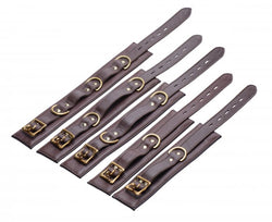 5 Piece Locking Leather Bondage Set - Brown