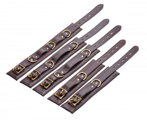 5 Piece Locking Leather Bondage Set - Brown