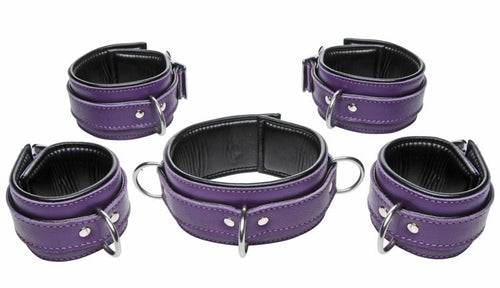 5 Piece Locking Leather Bondage Set - Purple